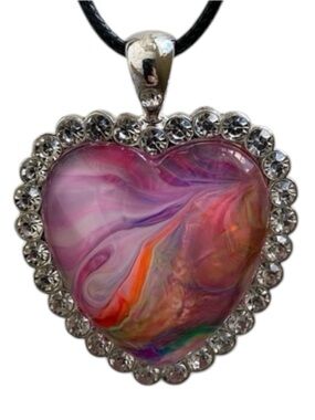 Hand Crafted Necklace Fluid Art Pink Heart Shape Pendant by Svetlana Yeung